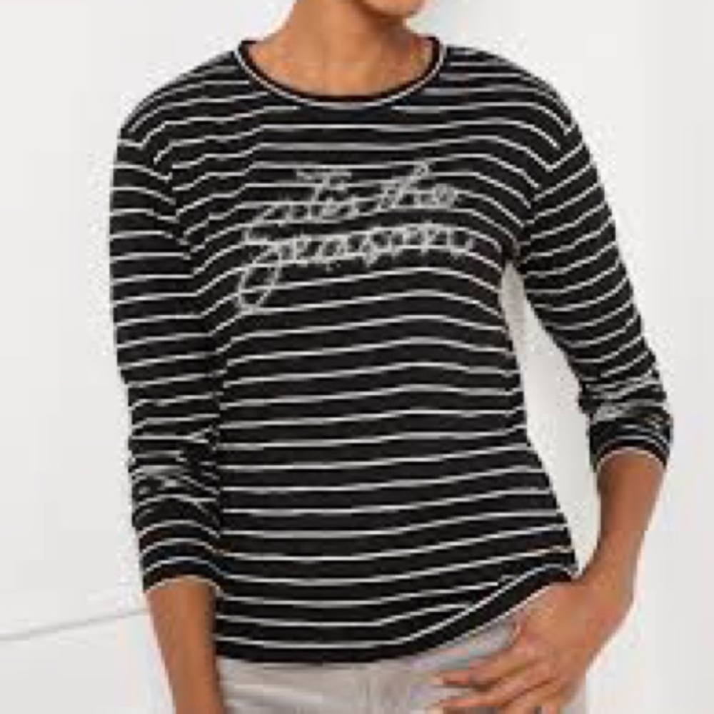 TALBOTS Tis The Season Tinsel Long Sleeve Crewneck Tee Black White Stripe Size M